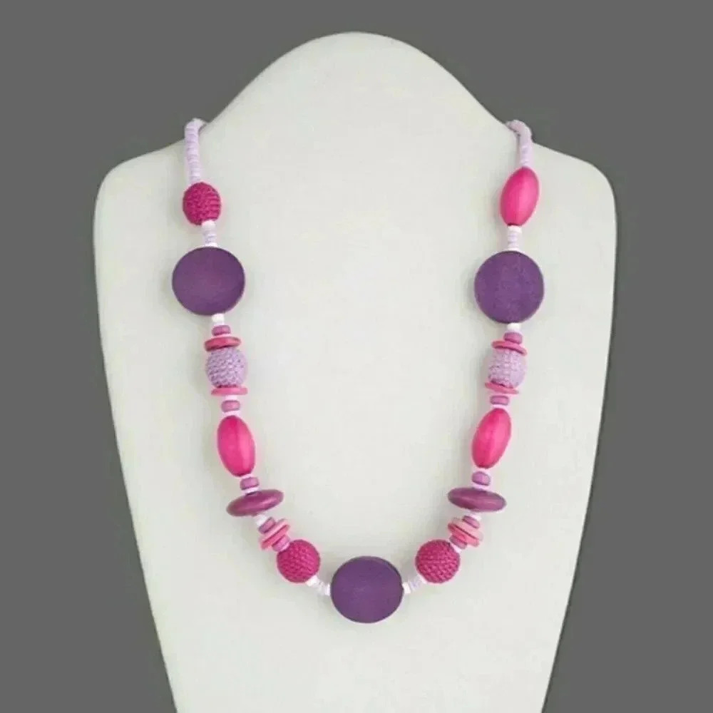 Handmade Pink Purple Ethnic Wood Clam Shell Long Necklace - Picture 1 of 1